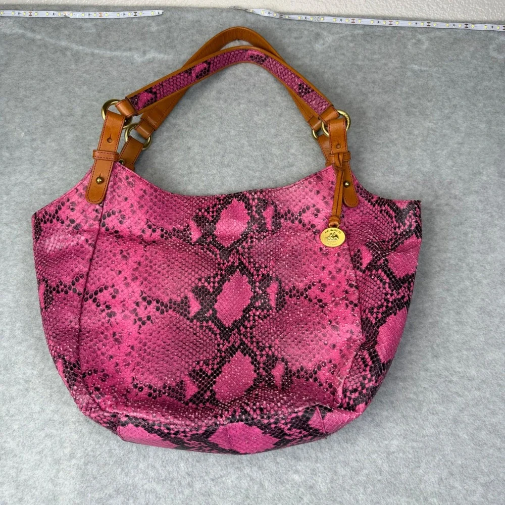 Brahmin Hot Pink Snake Embossed Leather Hobo Bag Y2K Boho Shoulder Purse Large